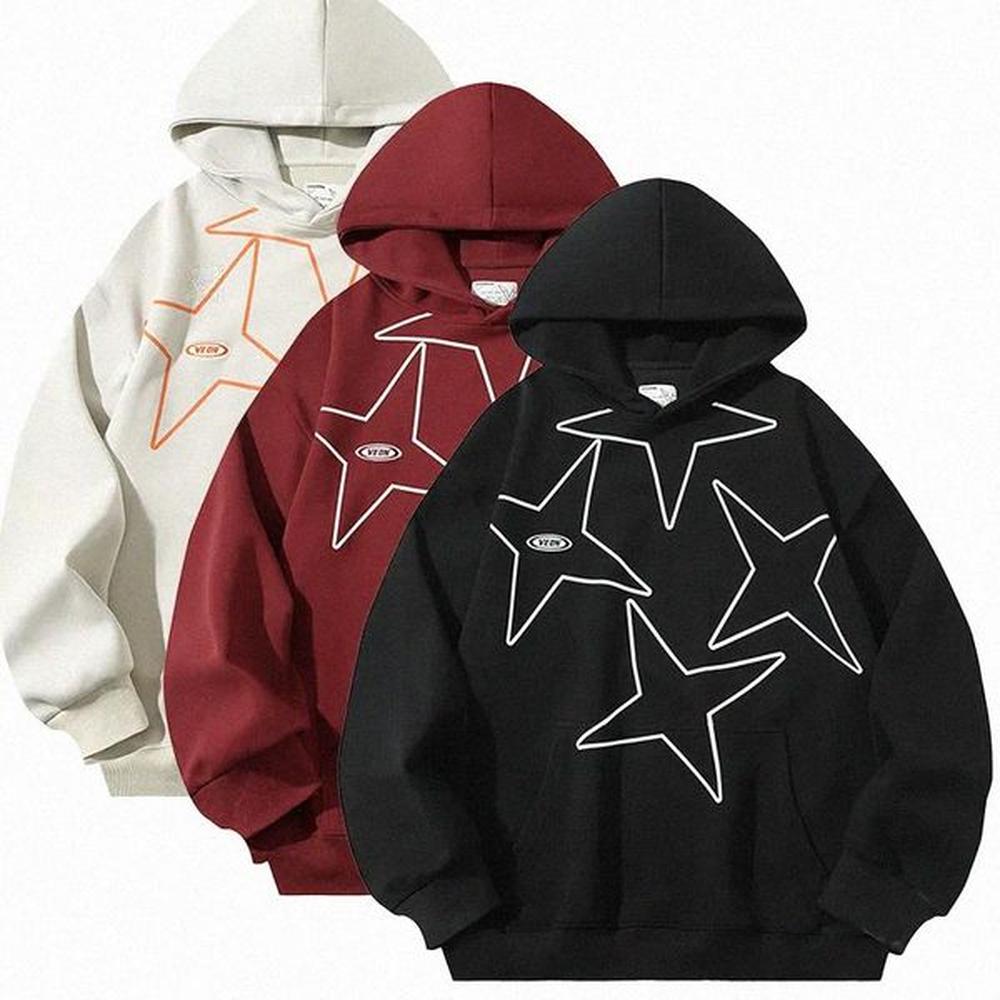 Veidoorn Star Print Hoodie for Spring Fall Long Sleeve Trendy Sweatshirt Crew Neck Sweatshirt with Kangaroo Pocket Streetwear