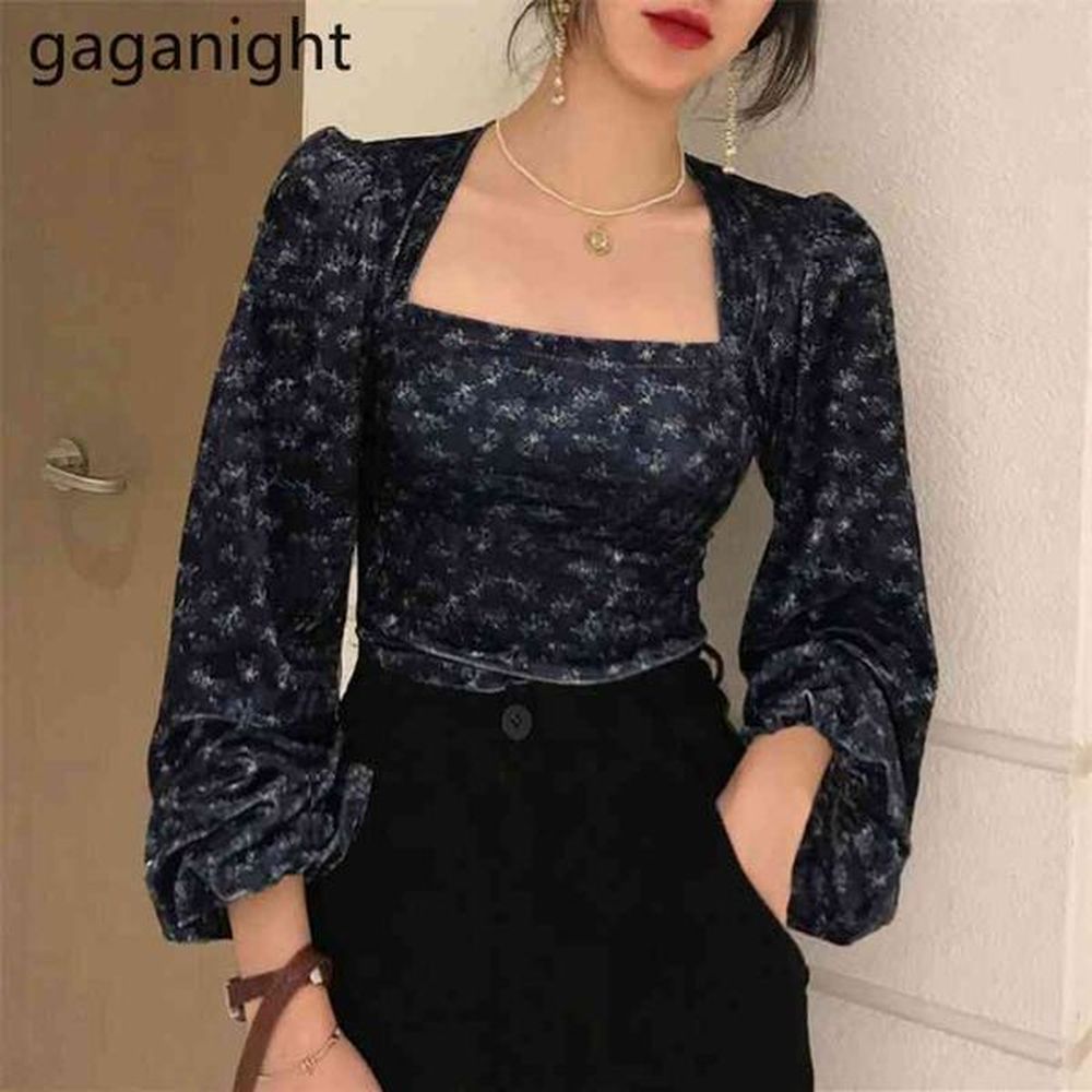 velvet floral women blouse long sleeve square collar chic korean