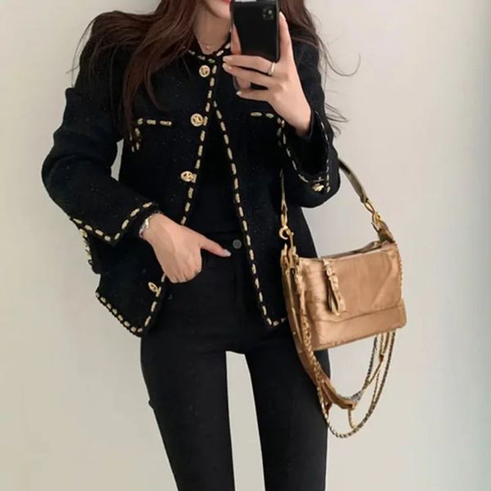 versatile black coarse tweed retro style womens jacket small size
