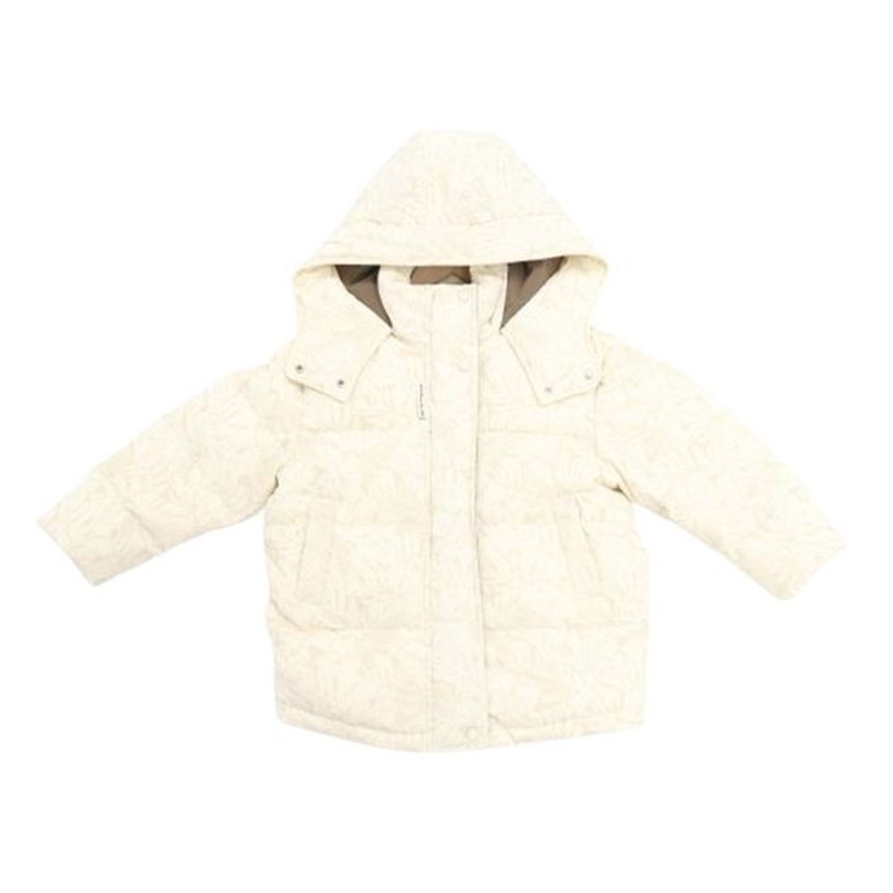 versatile casual beige printed hooded mid size down jacket