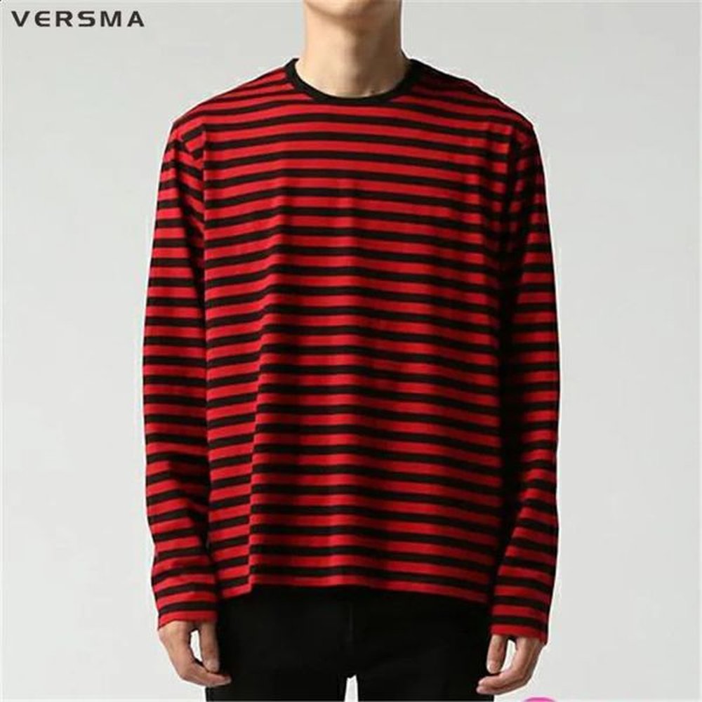VERSMA Korean Ulzzang Harajuku Black and White Stripe T-shirt Mens unisex long sleeved couple T-shirt Womens direct 241116