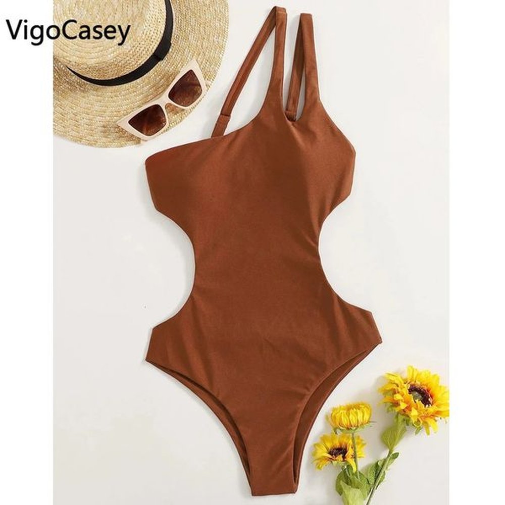 vigorcasey solid one shoulder swimwear women sexy high waist