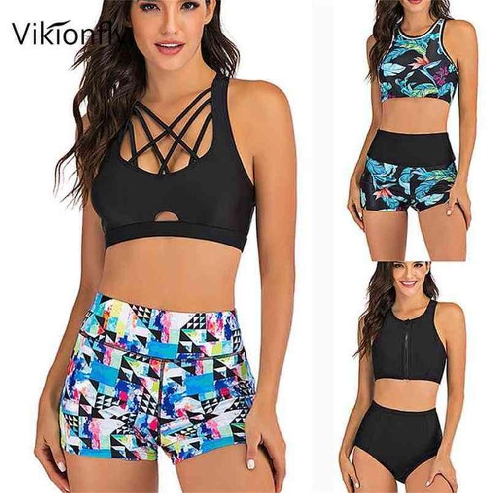 vikionfly high waist bikini set with shorts swimsuit women padded