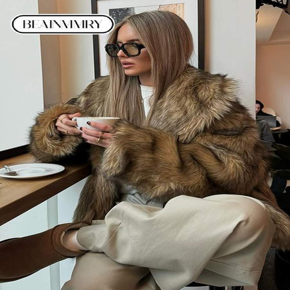 vintage big lapel fluffy faux fur warm coat casual thick