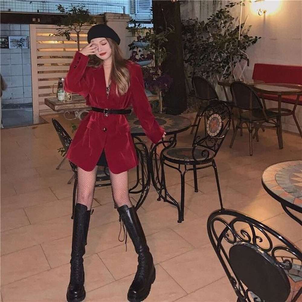 vintage blazer with belt notched collar long sleeve korean chic