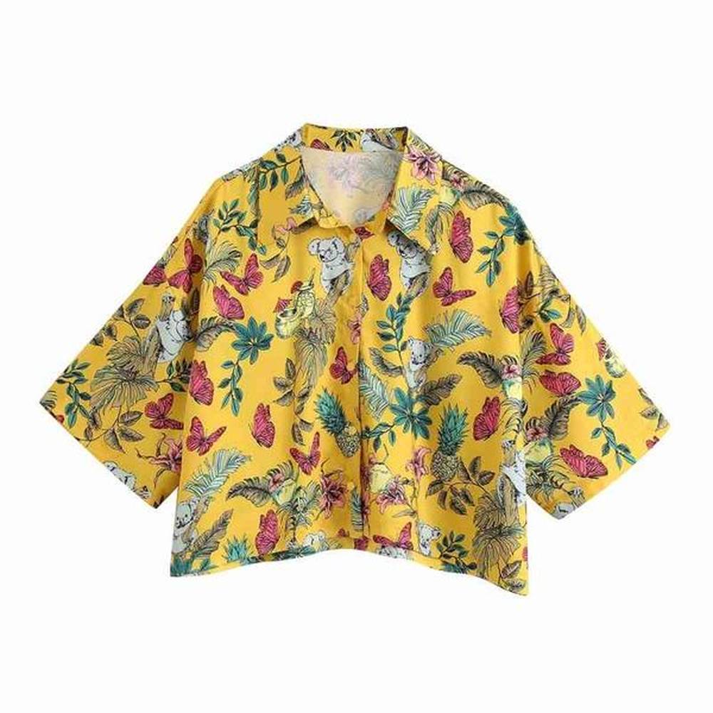 vintage boho female short shirts summer yellow floral women blouses
