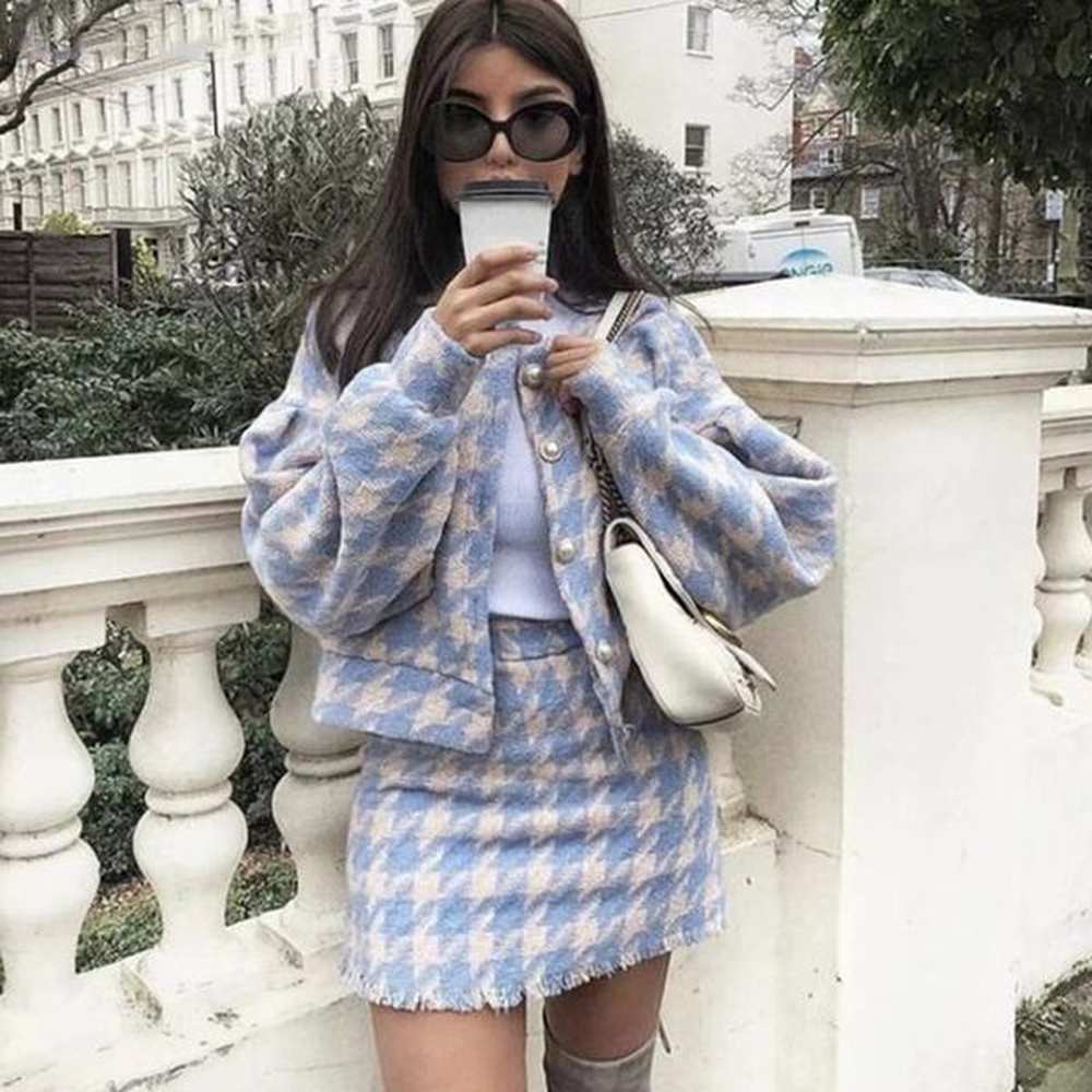 vintage button check gingham plaid blazer dress suits high waist