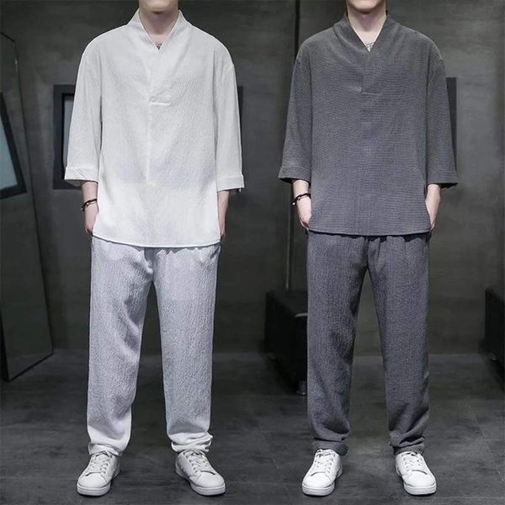 Vintage Button Tops Mens Two Piece Set Summer Casual Shirt and Pants Suits Outfit for Men Solid Color Tracksuit Leisure Clothing 250113