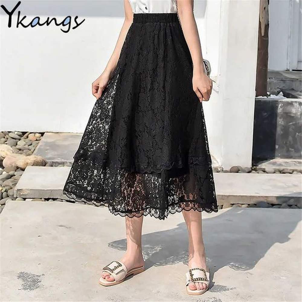 vintage casual elastic high waist lace pleated skirt women summer