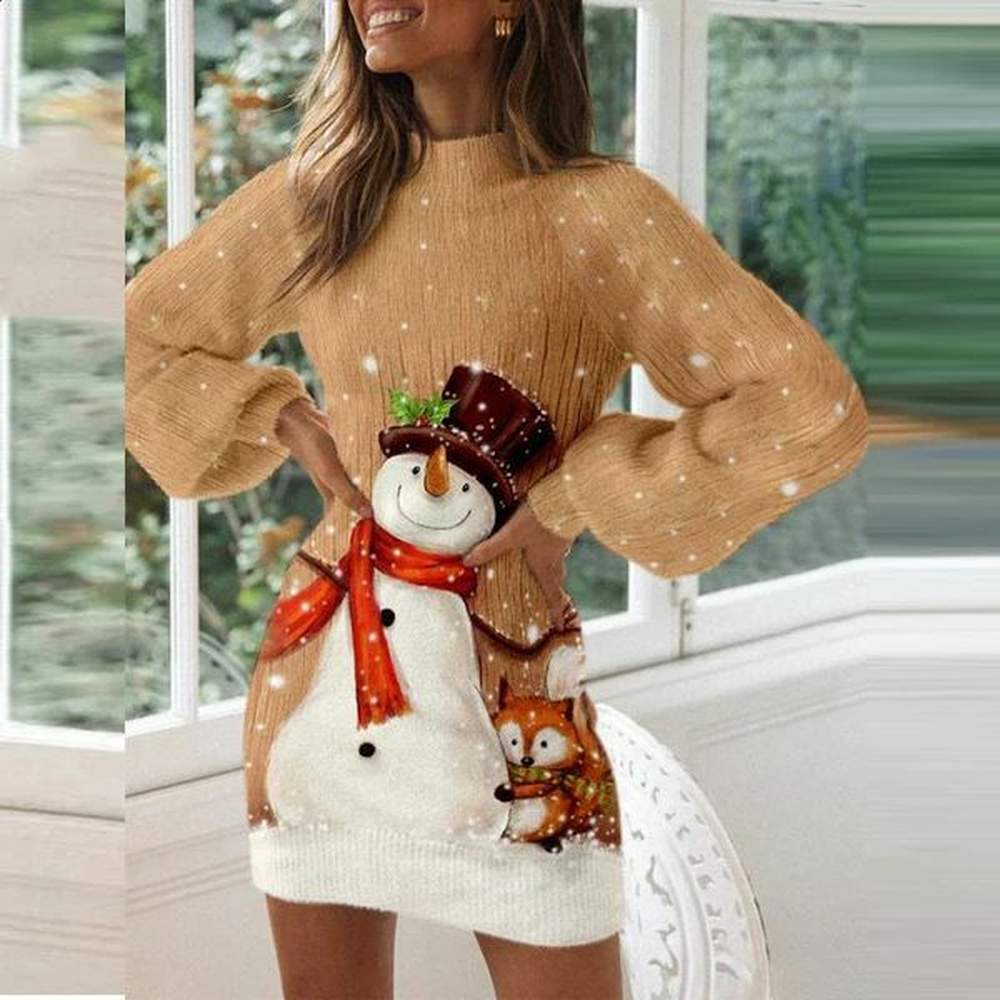 vintage christmas print party womens autumn fashion half high collar