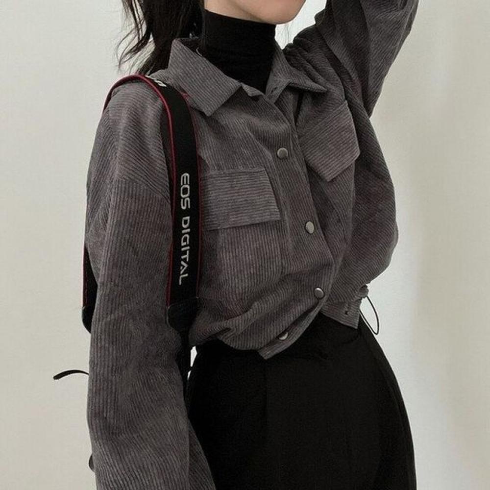 vintage corduroy cropped jacket women korean fashion long sleeve drawstring