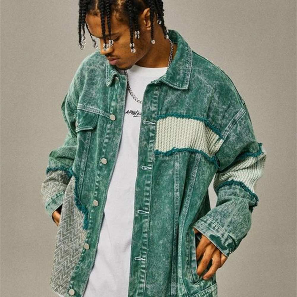 Vintage Denim Jackets Men Patchwork Frayed Irregular High Street Harajuku European Style Retro Fashion Fitness Hip Hop Daily 240827