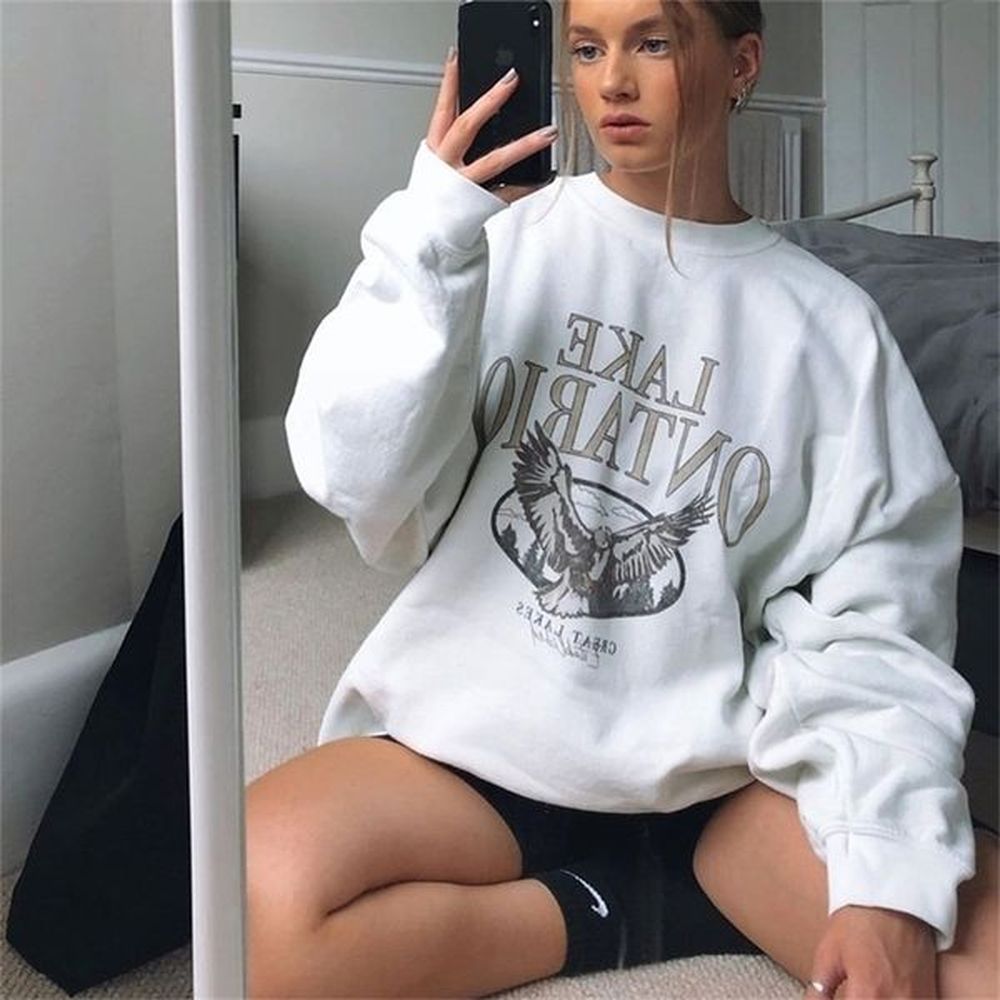 vintage eagle letter print oversized sweatshirts women oneck pullovers autumn