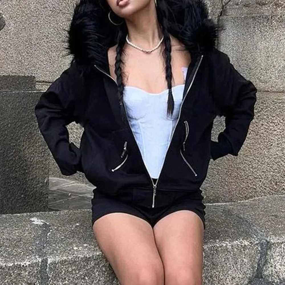Vintage Fashion Zip Up Women Sweatshirts Casual Fur Collar Hoodies Chic Streetwear Aesthetic Pockets Cardigans 241224