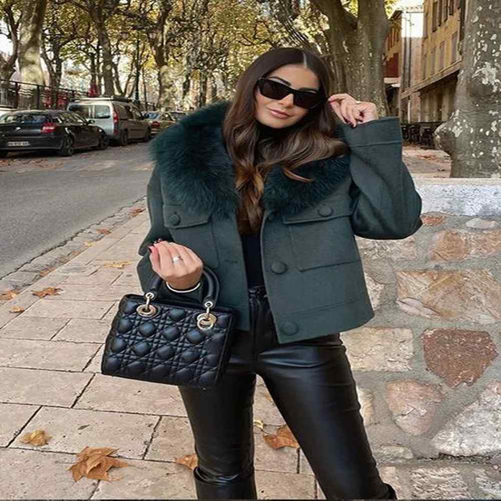 vintage green pockets faux fur collar women jacket vintage buttons