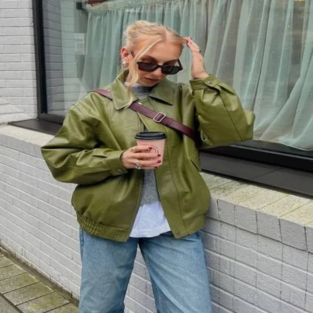 vintage green womens long sleeve pu leather lapel jacket fashion