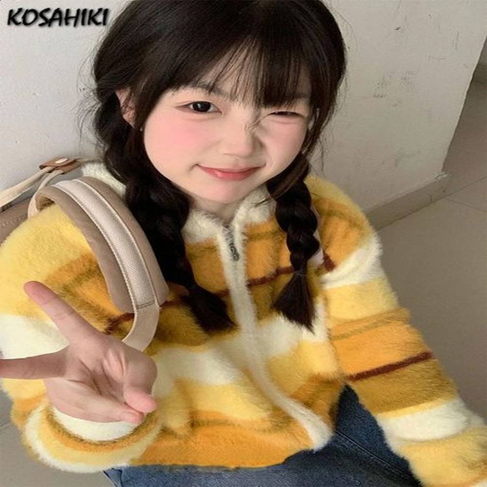 vintage harajuku stripe cardigans women yk aesthetic contrast color casual