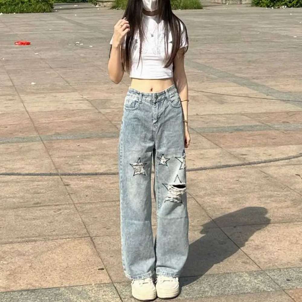 vintage high street women new blue jeans embroid hole pockets