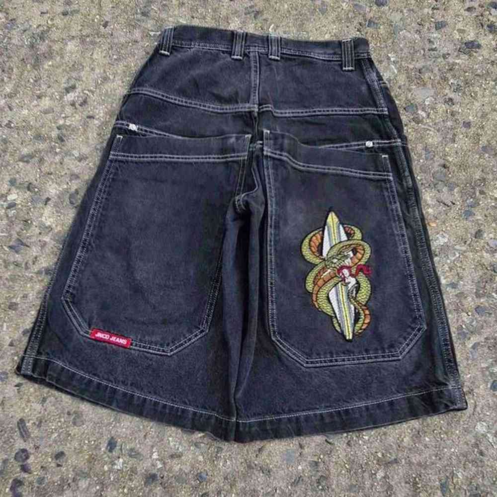 Vintage JNCO baggy denim shorts men y2k sweatpants snake bite pattern hip hop harajuku streetwear men women basketball shorts M720 X250203