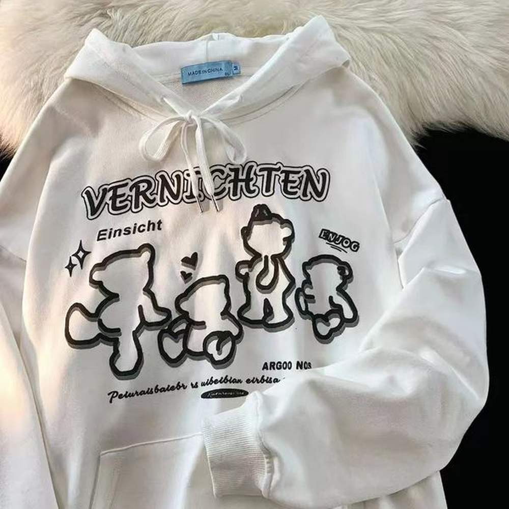 vintage little bear printed velvet hoodie women s loose hong