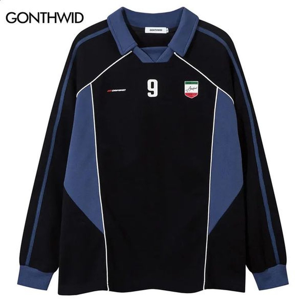 Vintage mens polo shirt Y2K graphic printing racing patch work long sleeved Tshirt street clothing hiphop sports casual top 240828