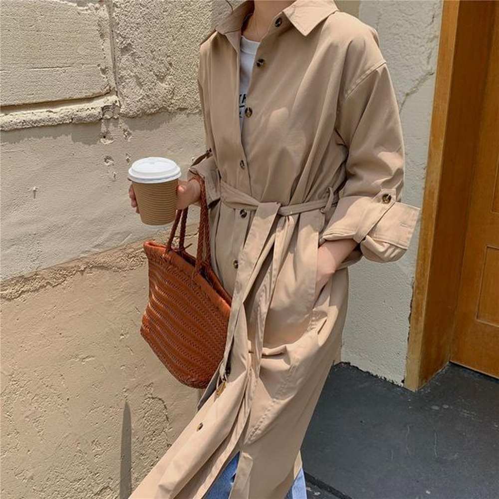 vintage minimalist lapel khaki long trench coat women elegant ol
