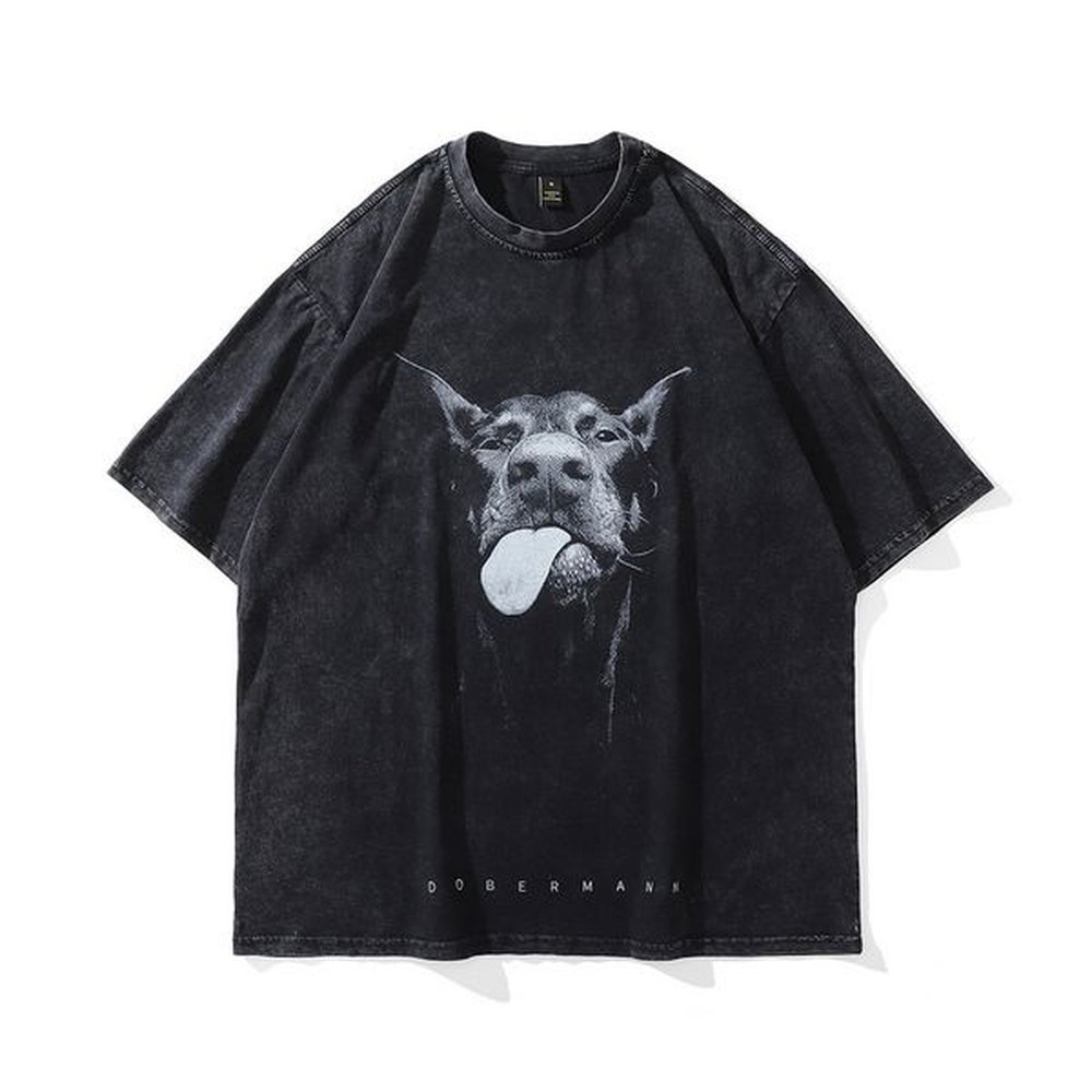 Vintage Oversize T-Shirt Y2K Hip Hop Dobermann Dog Animal Graphic Print Washed Streetwear Tshirt Harajuku Fashion Loose Top