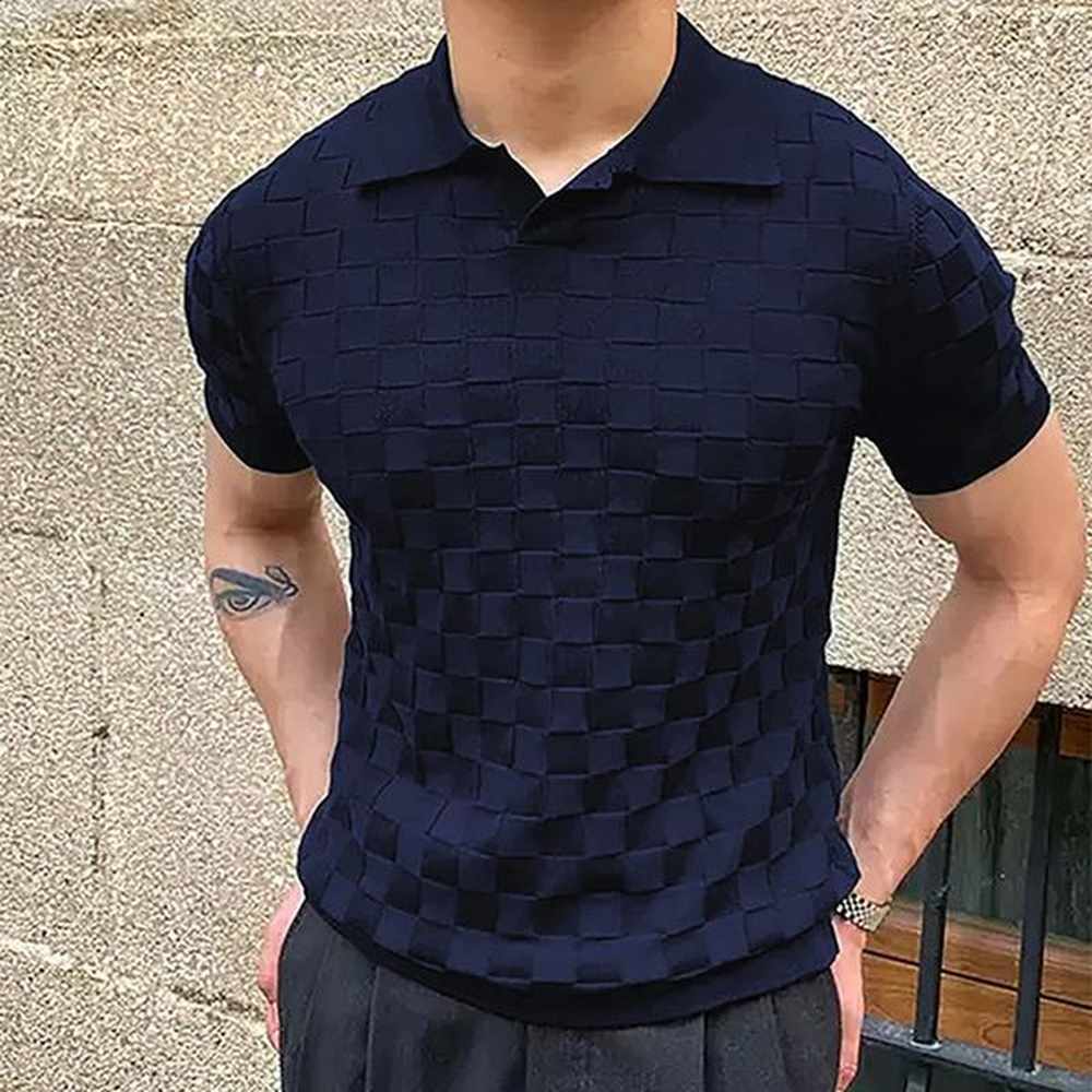 Vintage Plaid Jacquard Knitted Polo T Shirts Men Summer Casual Breathable Thin Knit Tops Mens Knitwear Fashion Slim 241205