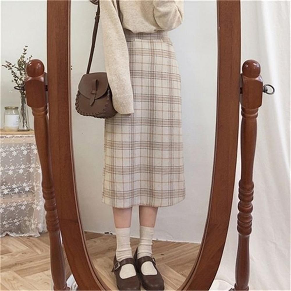vintage plaid women skirts autumn pencil long girls skirt female