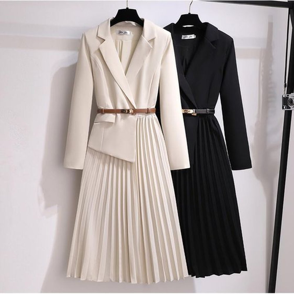 vintage pleated belt patchwork one piece blazer dress women elegant
