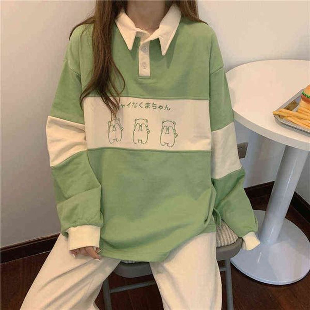 vintage polo collar letters print oversized sweatshirt women girls harajuku