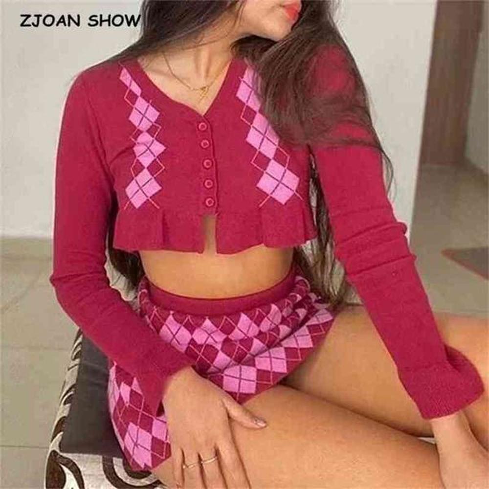 vintage s wood ears argyle plaid knitting cardigan women crop