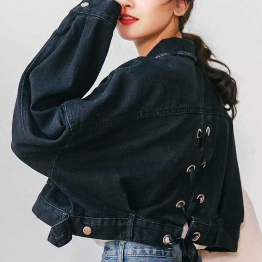vintage short black denim jackets women spring korean fashion preppy