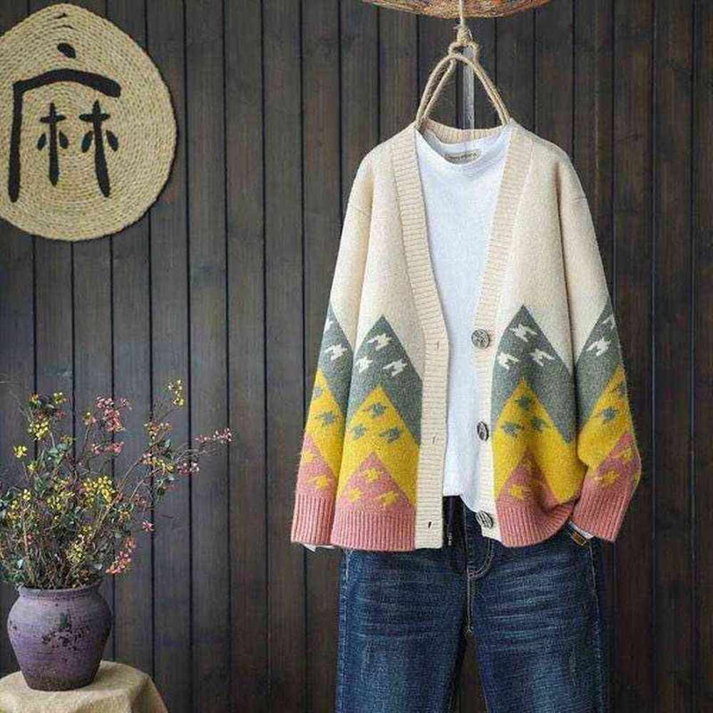 vintage spring autumnu patchwork jacquard cardigan coats womens casual loose