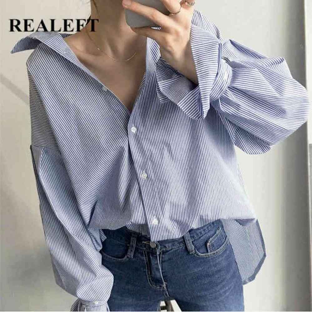 vintage striped women blouse lantern sleeve single breasted turndown collar