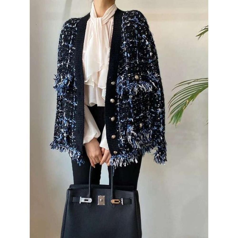 vintage tassels patchwork jacket contrast color vneck single breasted loose