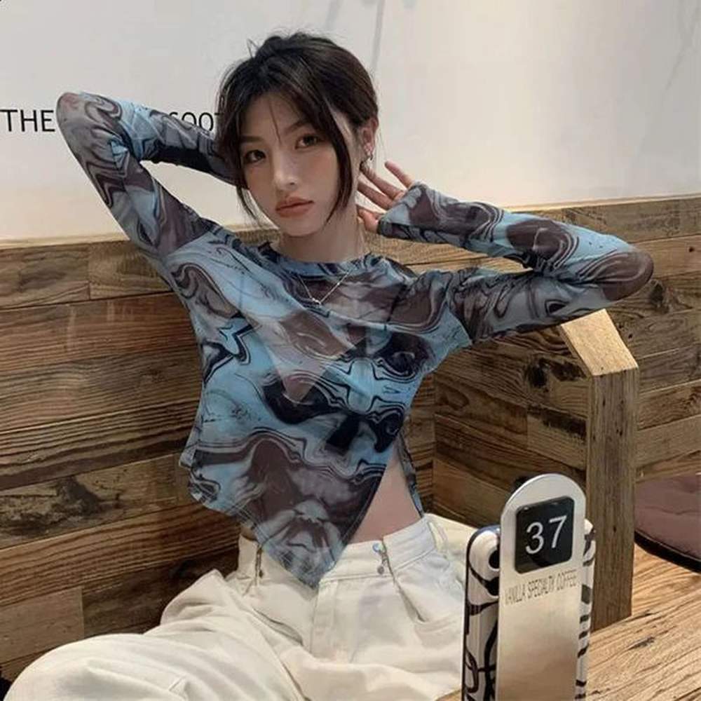 vintage tie dye print yk crop tops woman summer fashion