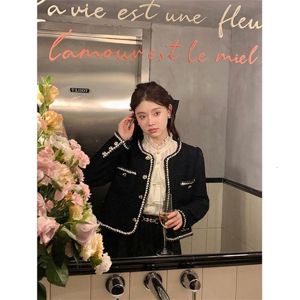 vintage tweed cropped jackets women elegant black coat korean thicken