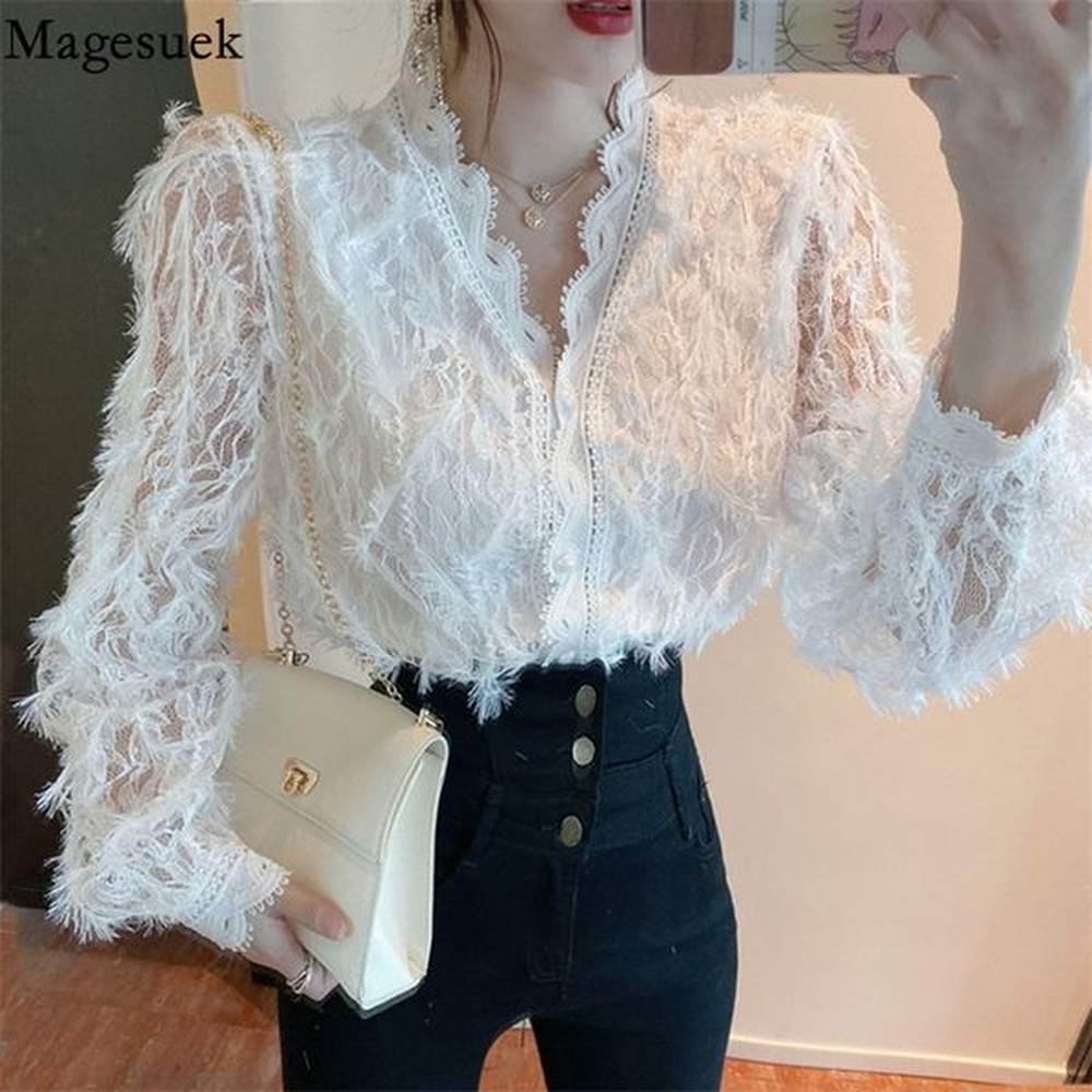 vintage vneck long sleeve lace blouse women tops tassel white