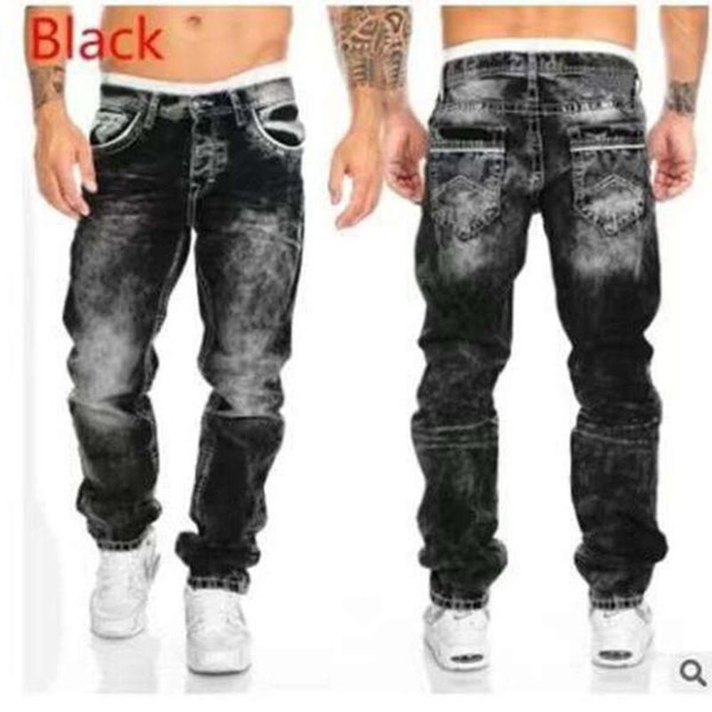 Vintage Wash Straight Hip Hop Men Streetwear Casual Denim Cargo Pants Spring and Autumn Zipper Print Stretch Jeans