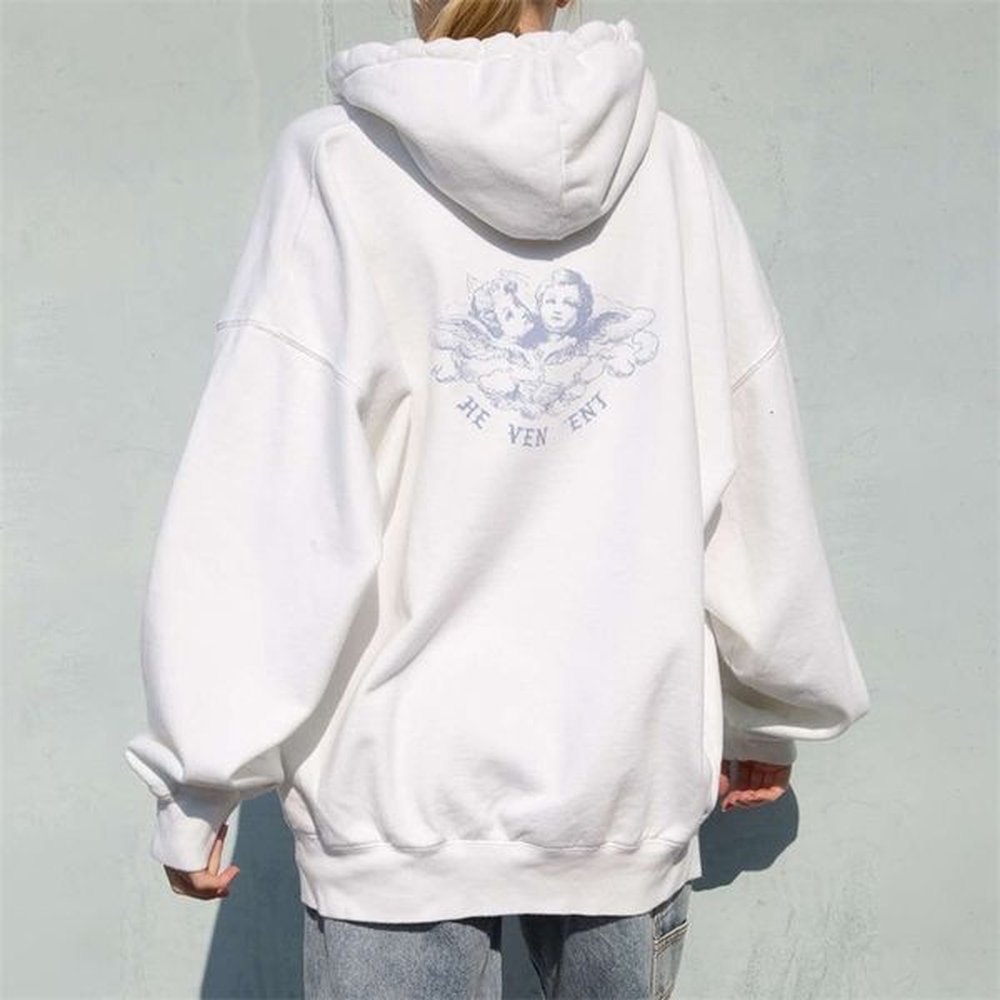 vintage white angel print hoodie women autumn white cotton long
