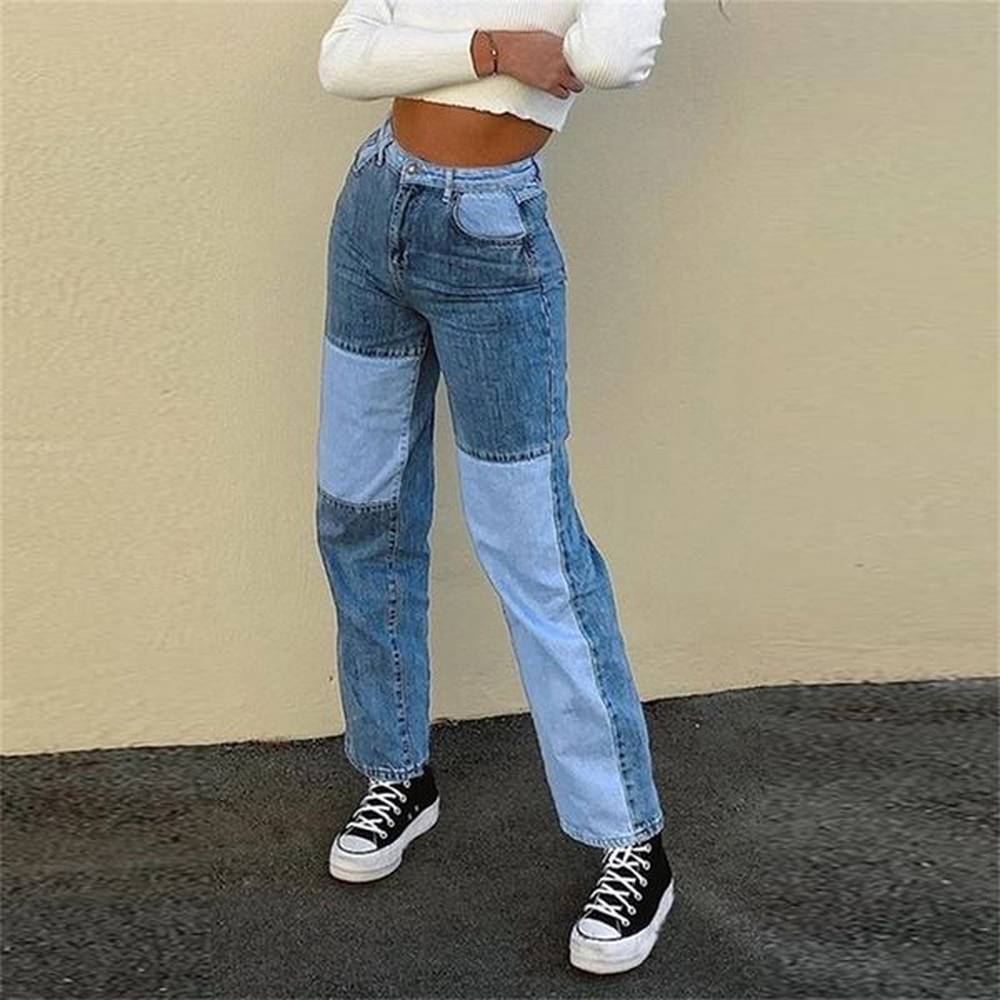 vintage women fashion casual color block patchwork straightleg jeans pants