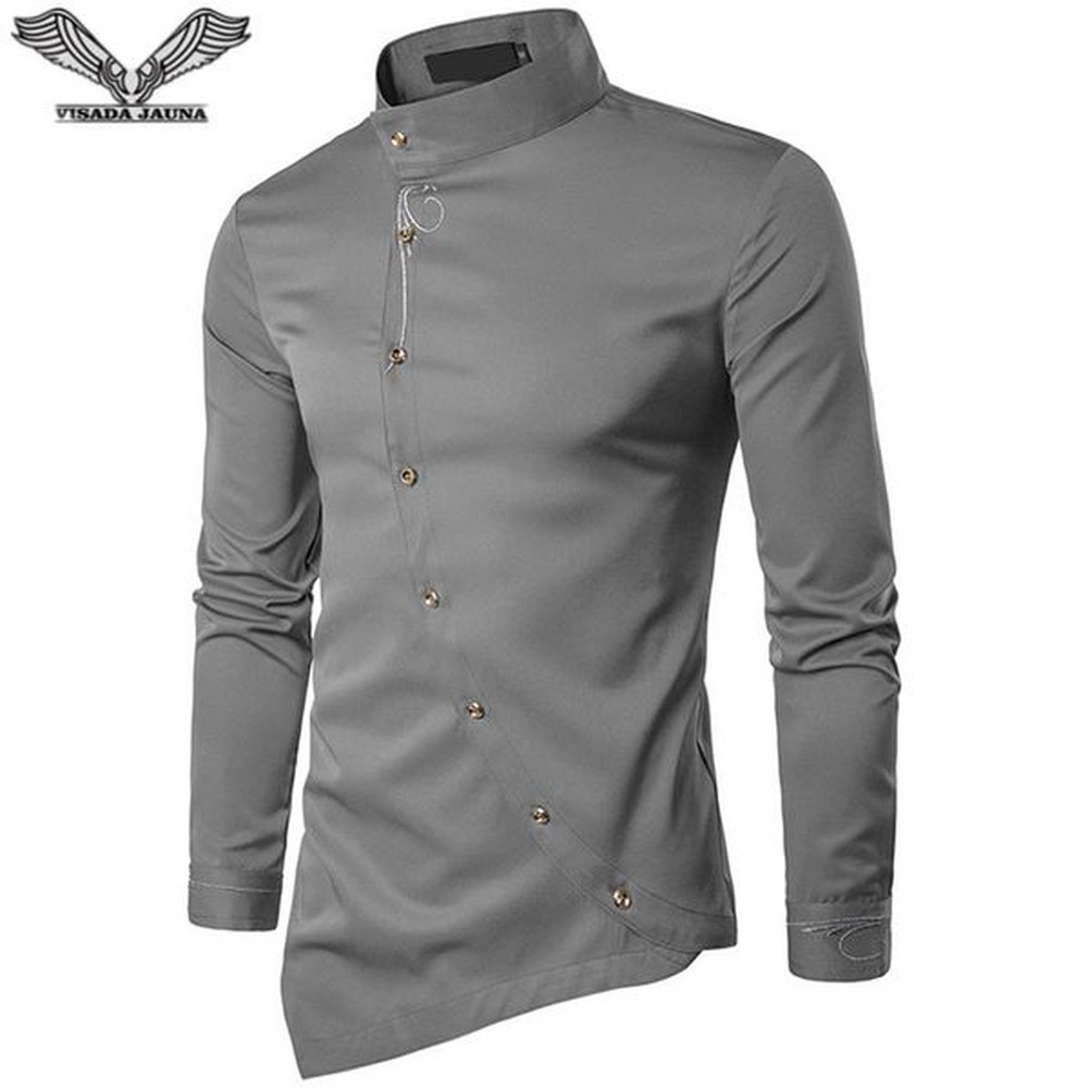 VISADA JAUNA 2018 New Men's Fashion Cotton Long Sleeved Shirt Solid Color Slim Fit Shirts Men Casual Irregular Man Dress N8931