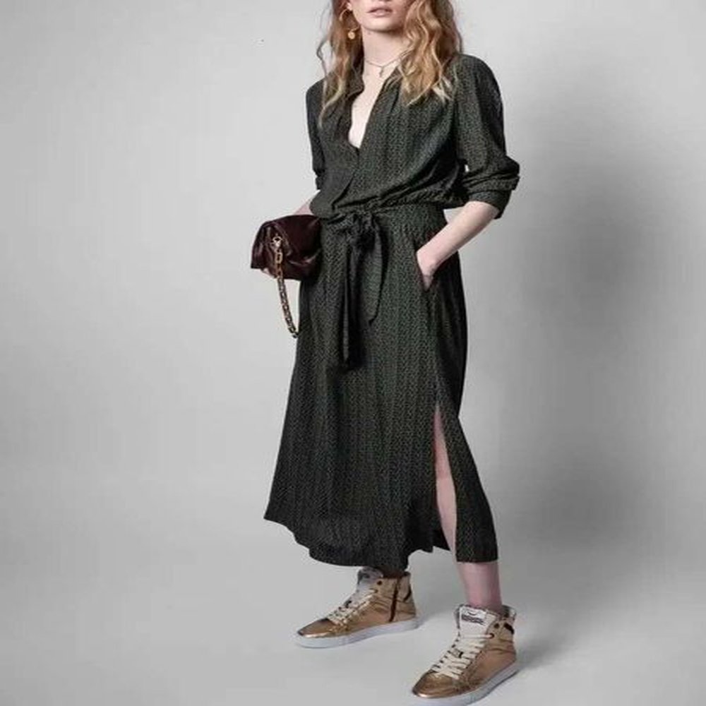 viscose women vneck midi dress autumn new ladies letter