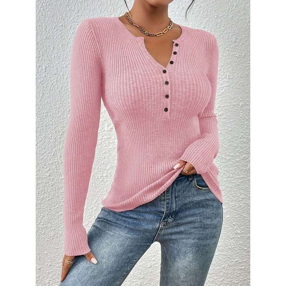 vneck elegant solid ribbed sweater button front midelasticity viscose fabric