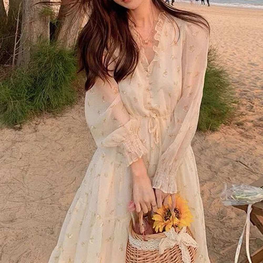 vneck elegant sweet dress women long sleeve chiffon floral dress
