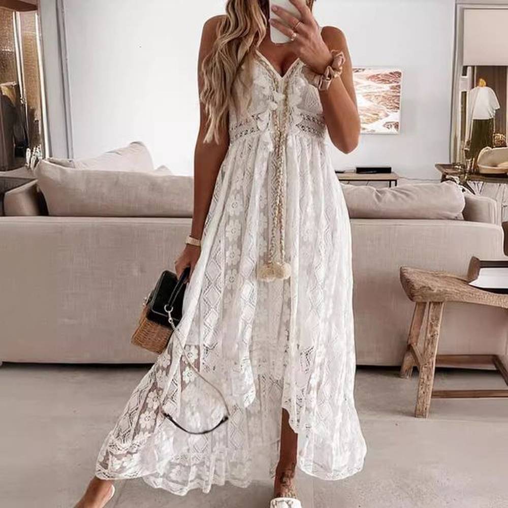 vneck lace splicing long strap dress solid