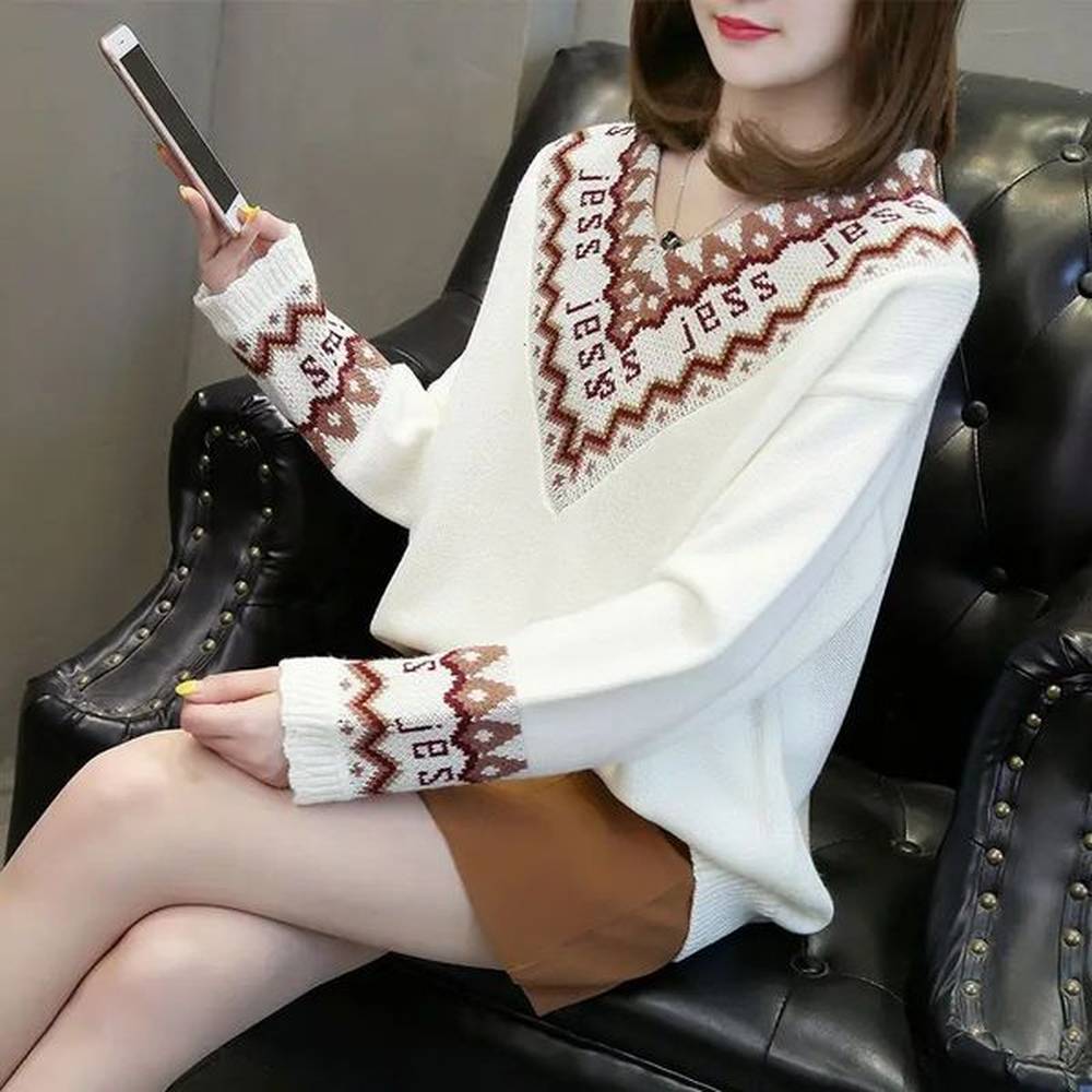 vneck letter jacquard knitting pullovers women autumn winter elegant temperament