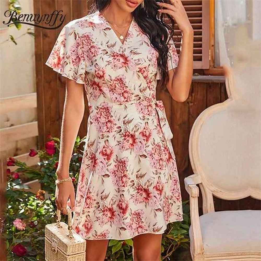 vneck tie waist wrap mini dresses boho casual women summer