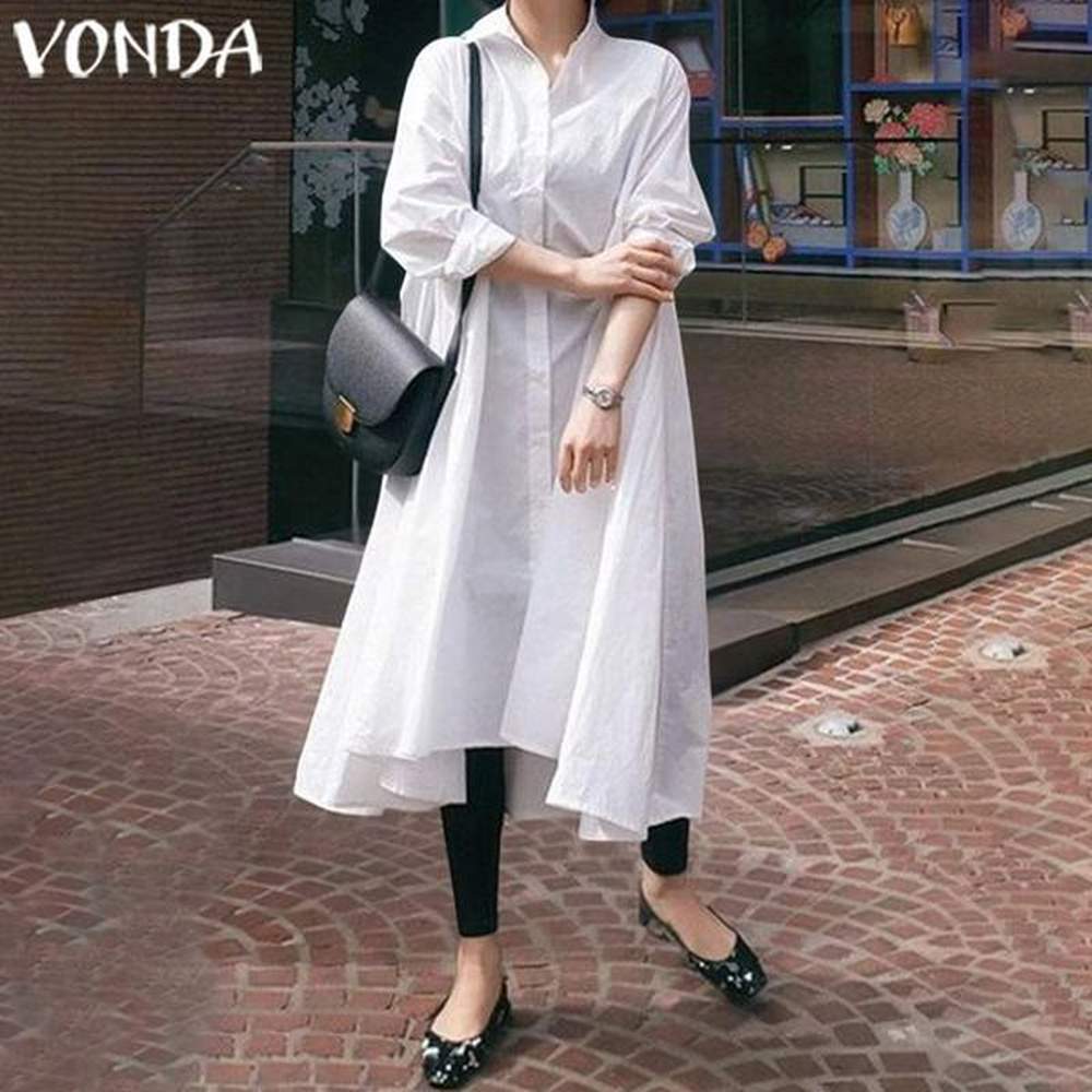 vonda solid dress women casual loose turndown collar asymmetrical shirt